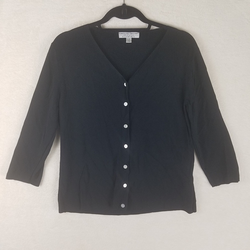 Carolyn Taylor Essentials Womens Black V Neck pearl Button Cardigan‎ Sweater L
